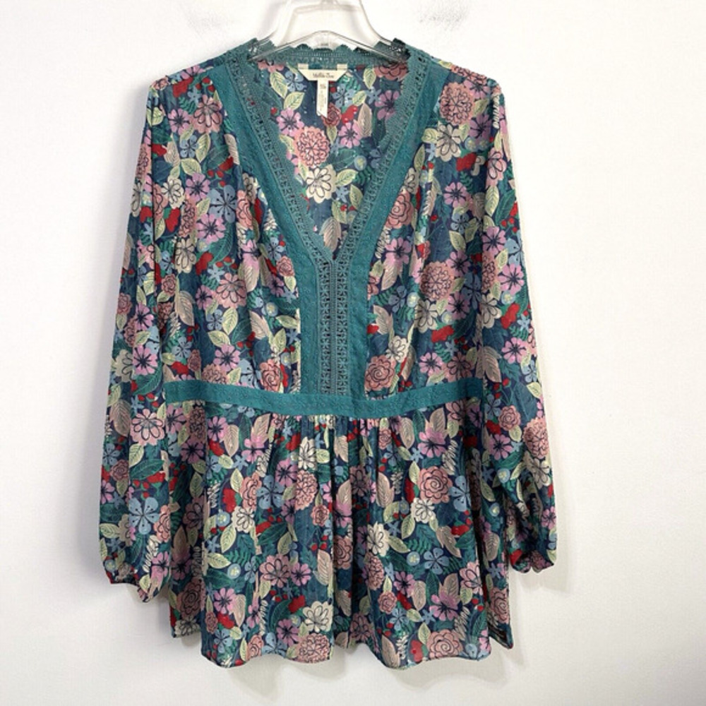 Matilda Jane Kookaburra Floral Top Green XXL Babydoll Sheer Crochet 3/4 Sleeve